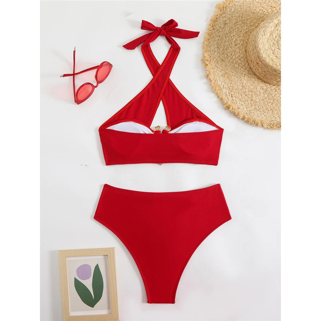 2026 Halter Cut Out High Waist Bikini Female Swimsuit Women Swimwear Two-pieces Bikini set Padded Bather Bathing Suit Swim V6256