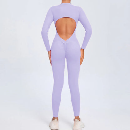Hearuisavy Summer V Back Sports Jumpsuit Yoga Clothes Rompers Women Long Sleeveles Workout Bodysuits Backless One-piece Suit
