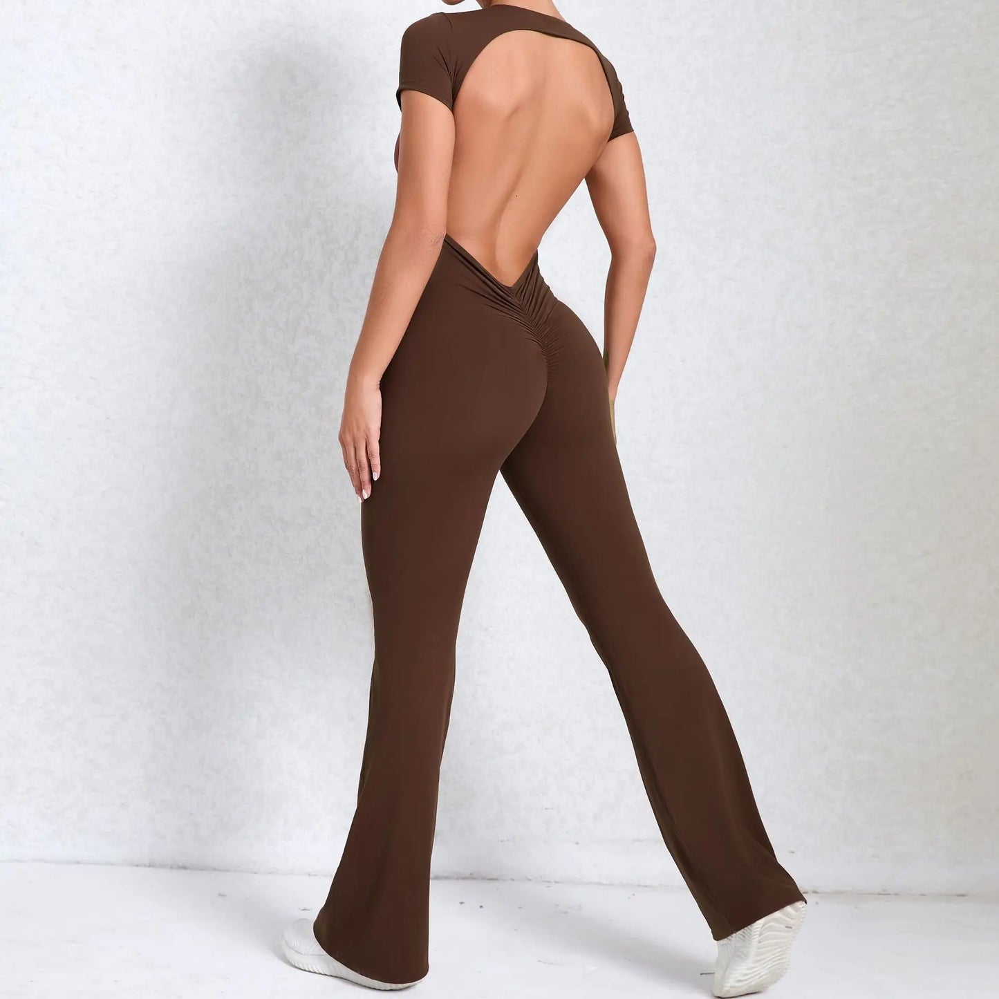 Women's Tracksuit Yoga Set Backless Jumpsuits Back V One Piece Fitness Rompers Short Sleeves Sportswear Gym Set Workout Clothes