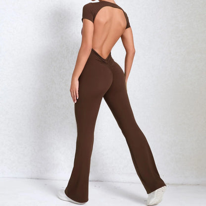 Women's Tracksuit Yoga Set Backless Jumpsuits Back V One Piece Fitness Rompers Short Sleeves Sportswear Gym Set Workout Clothes