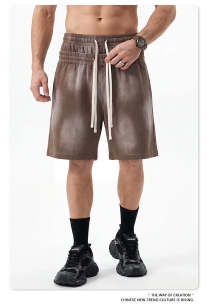 Custom LOGO men's 320G heavy 100% washed and old double waist high waist medium pants loose casual sports five-point shorts