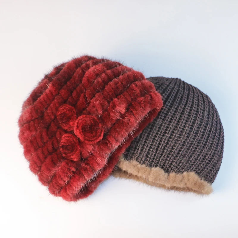 New fashion Genuine real natural women's knitted Mink Fur Hat  hand made knit Fashion Winter Headgear  brimless cap