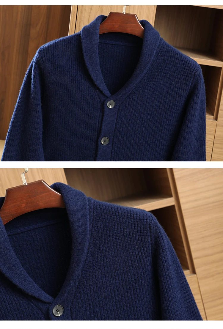 Men High Quality Polo Collar Cardigan Autumn Winter Thick Buttons 100% Merino Wool Sweater Smart Casual Coat Cashmere Knitwear