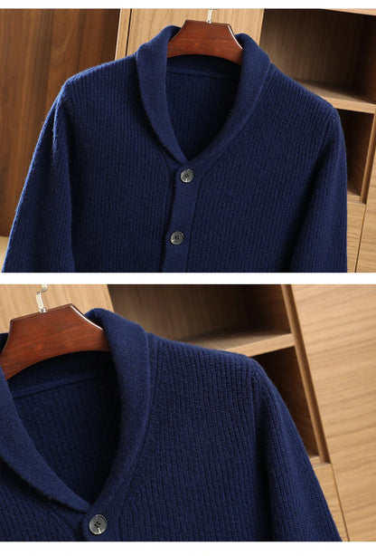 Men High Quality Polo Collar Cardigan Autumn Winter Thick Buttons 100% Merino Wool Sweater Smart Casual Coat Cashmere Knitwear