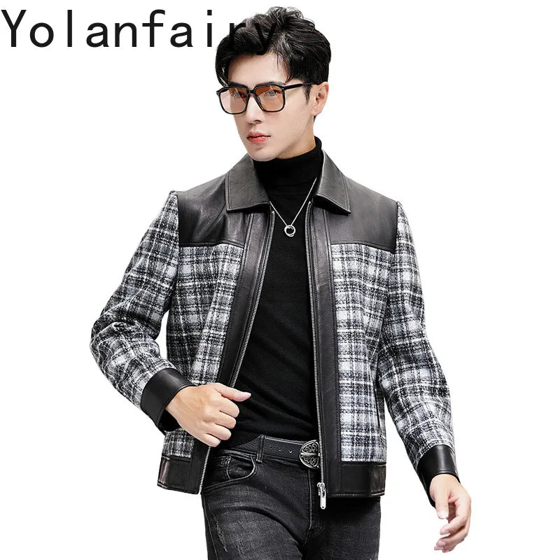 YOLANFAIRY Plaid Wool Spliced Genuine Sheepskin Jacket for Man Spring Autumn Short Woolen Coat Turn Down Collar abrigo hombre