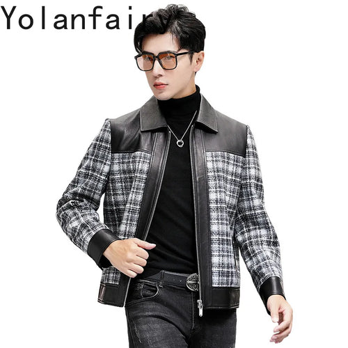 YOLANFAIRY Plaid Wool Spliced Genuine Sheepskin Jacket for Man Spring Autumn Short Woolen Coat Turn Down Collar abrigo hombre
