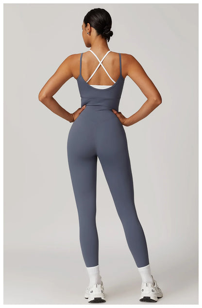 Color Blocked Jumpsuit Gym Set Women Yoga Suit Back Cross Sportswear Women Sports Jumpsuit Fitness Rompers Workout Bodysuits