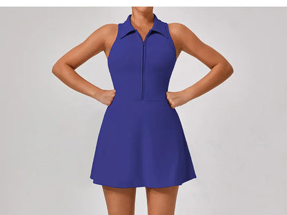 Women's Tennis Dress Women Turn Down Collar Front Zipper 2-in-1 Golf Sports Tight Dress Fitness Workout Running Pocket Skort