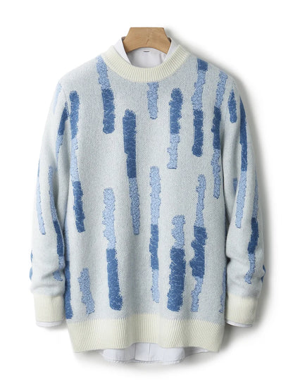 New 100% Pure Wool Men's O-neck Pullover 2025 Autumn/Winter Color Matching Top Casual Thick Fashion Large Size Jumper Sweater
