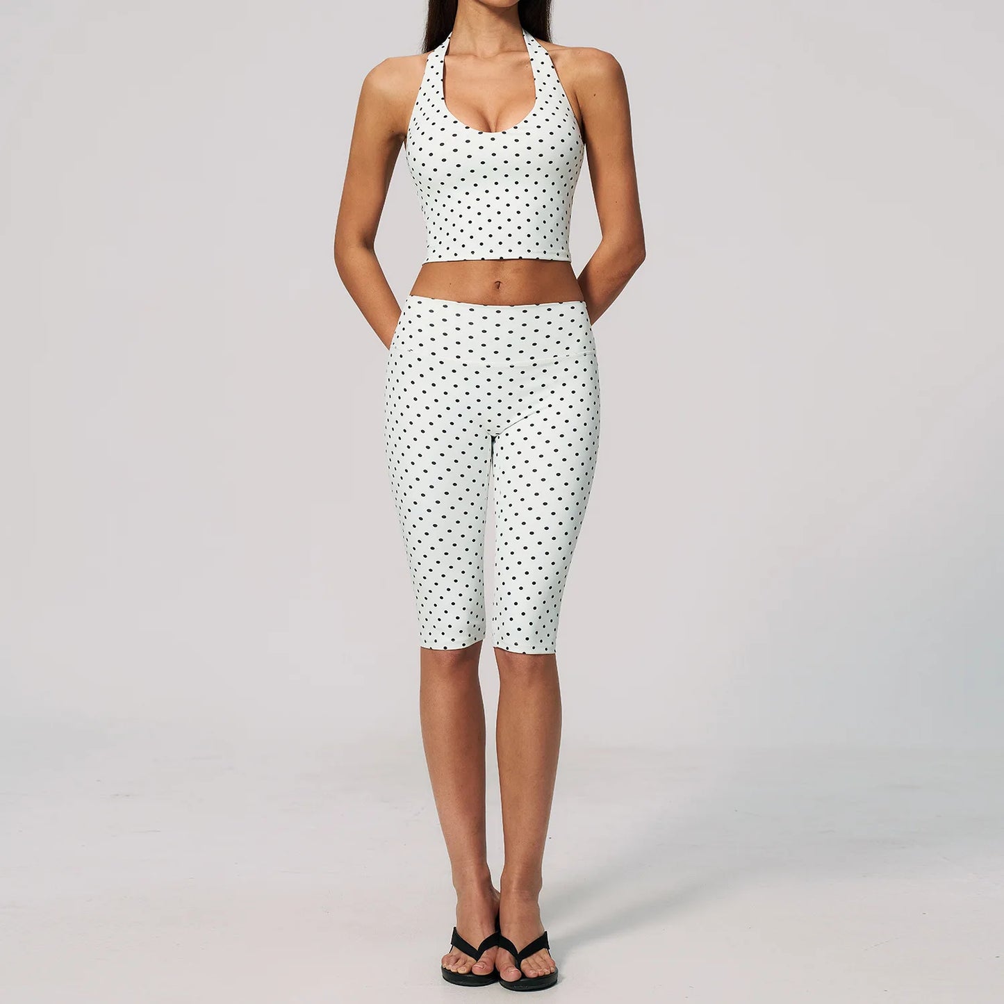 Custom LOGO women's new yoga clothes polka dot printing deep V high elastic three-dimensional fitness two-piece set