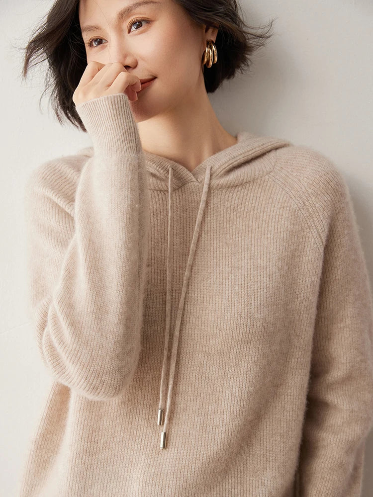 CHICUU Autumn Winter Women Hoodie Pullover Sweater 100% Cashmere Knitwear Soft Warm Casual Style Hooded Sweater Tops