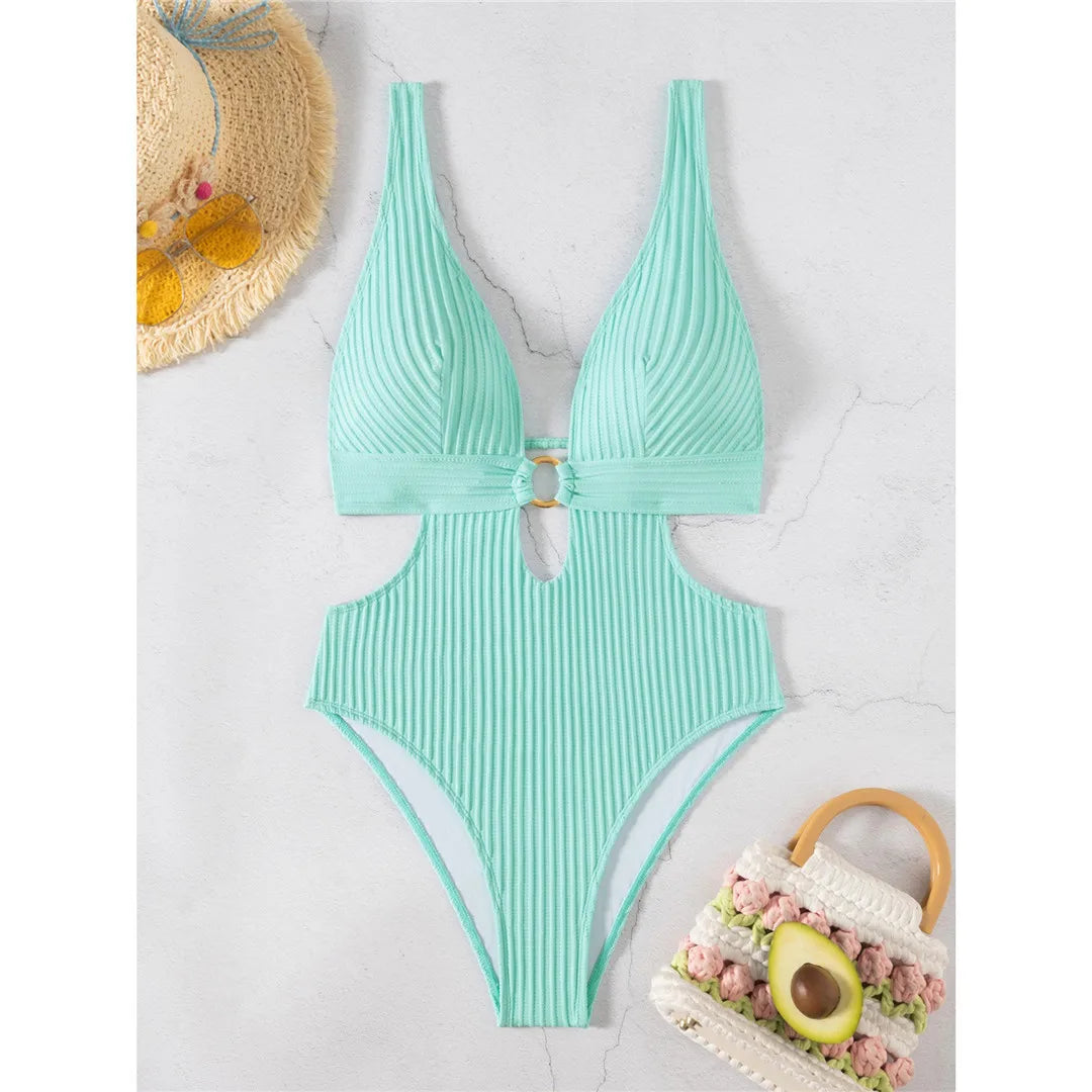 Sexy 8 Colors Deep V Neck Cut Out One Piece Swimsuit Women Swimwear Female High Leg Cut Monokini Bather Bathing Suit Swim V7177