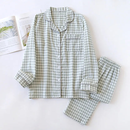 Spring and autumn men and women cotton double gauze long sleeve trousers suit couple summer thin pajamas home service plus size