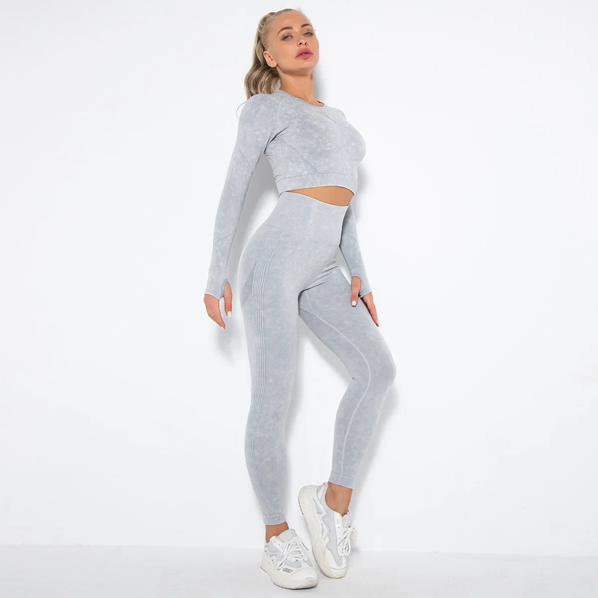 Women Seamless Tracksuit Yoga Set 2PCS Workout Clothes Athletic Wear Gym Legging Fitness Bra Crop Top Long Sleeve Sports Suits