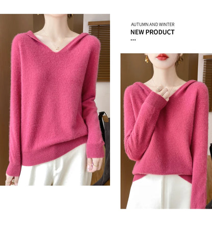 Women Autumn Winter Clothing Hooded Collar Pullover 100% Merino Wool Sweater New Fashion Cashmere Tops Bottoming Knitwear Soft