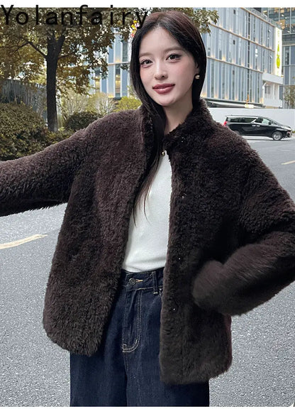 YOLANFAIRY 100% Genuine Leather Jacket Women Warm Natural Fur Coat Woman Winter Short Real Lamb White Fur Coats Jaqueta Feminina