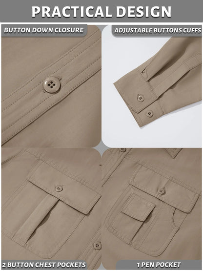 TACVASEN Quick Dry Long Sleeve Cargo Work Shirts with Pockets Mens Nylon Safari Hiking Shirts Button Down Shirts Clothes Males