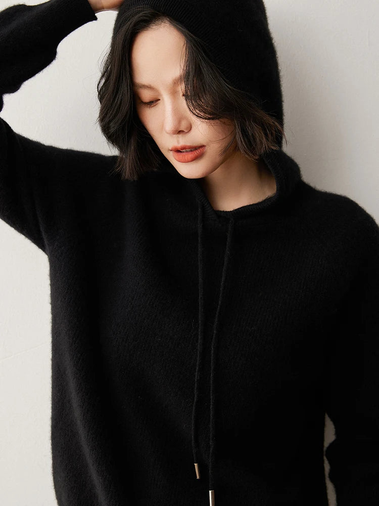 CHICUU Autumn Winter Women Hoodie Pullover Sweater 100% Cashmere Knitwear Soft Warm Casual Style Hooded Sweater Tops