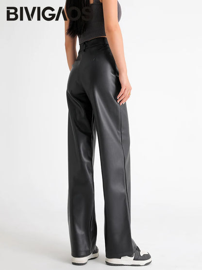 BIVIGAOS Fall Winter Fleece Loose Wide Leg Warm Leather Pants Women Button Pocket High Waist Thick PU Casual Straight Pants