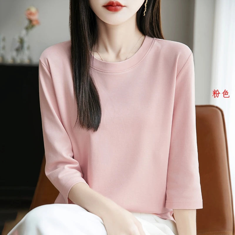 Spring And Summer New White Mercerized Cotton Short Sleeve T-Shirt Feminine Joker Cotton Cropped Sleeve Bottoming Shirt