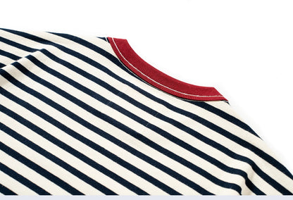 Summer new pure cotton T-shirt men's American retro contrasting shirt versatile couple short sleeved T-shirt striped base shirt