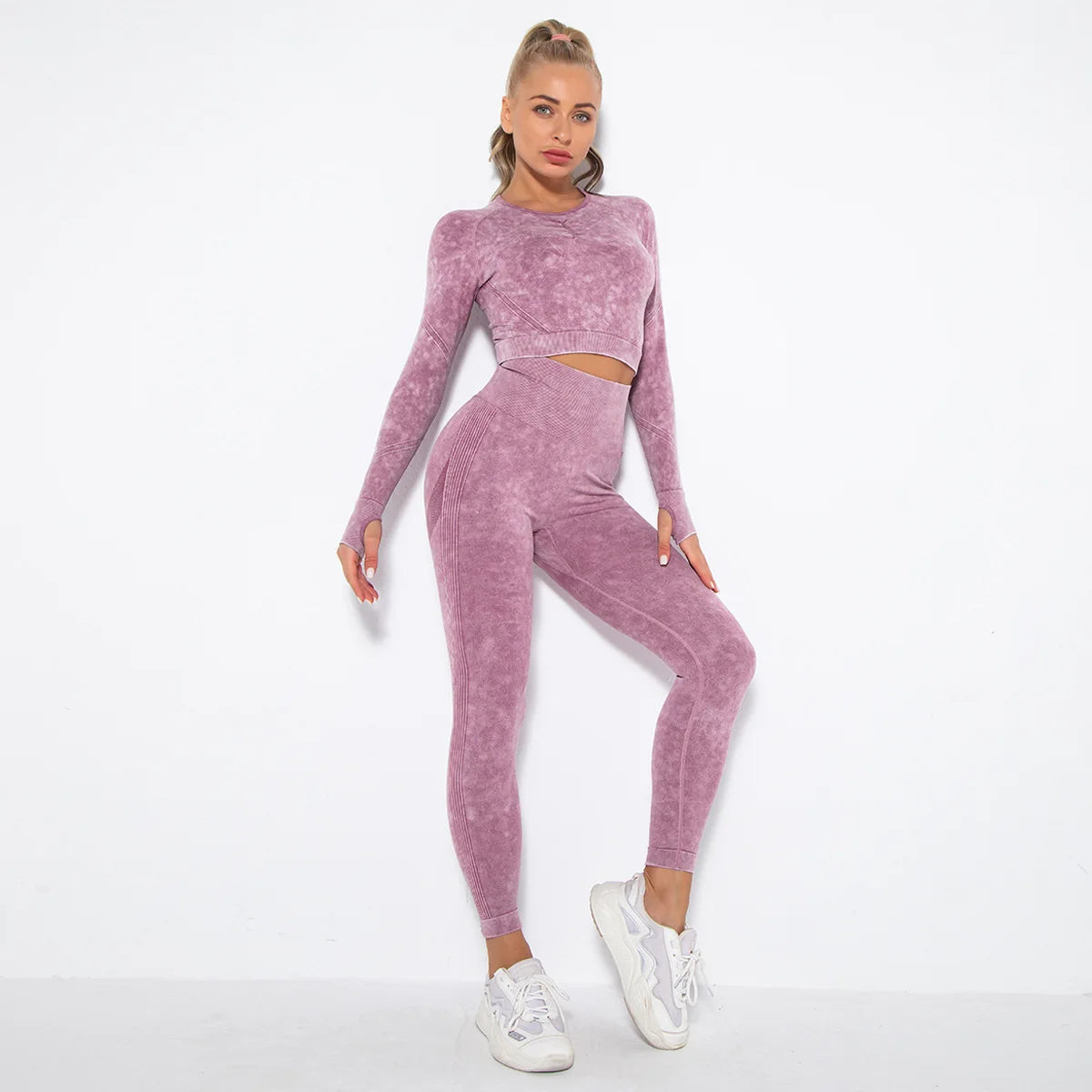Women Seamless Tracksuit Yoga Set 2PCS Workout Clothes Athletic Wear Gym Legging Fitness Bra Crop Top Long Sleeve Sports Suits