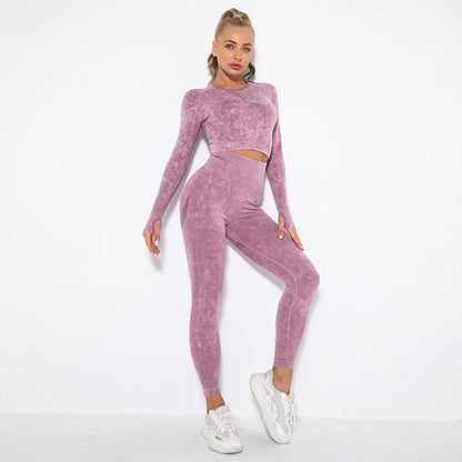 Women Seamless Tracksuit Yoga Set 2PCS Workout Clothes Athletic Wear Gym Legging Fitness Bra Crop Top Long Sleeve Sports Suits