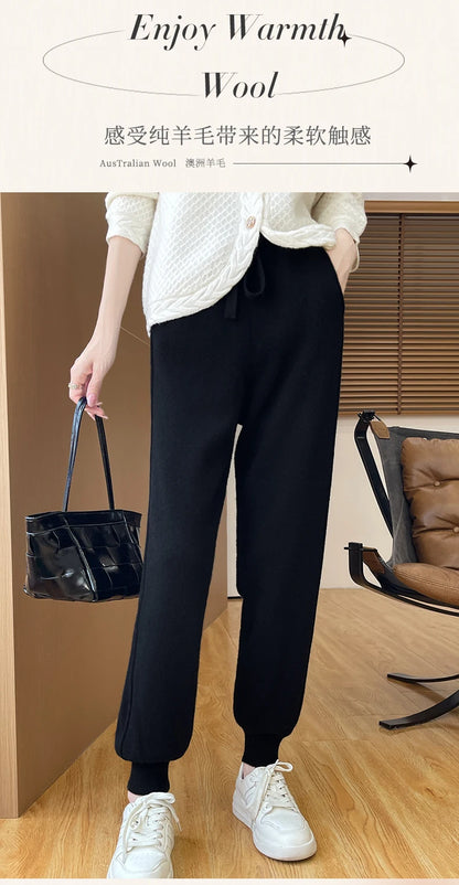DjzDsm Women's Wool Pencil Pants Autumn Winter 100% Merino Wool Knitted Trousers Thick Soft Warm Pocket Casual Style Comfy Pants