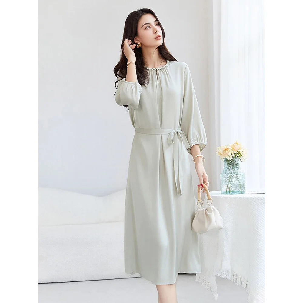 SuyaDream, Women Elegant Dresses, Real Silk, O Neck, 3/4 Sleeved, Black Mid Dress, 2026 Spring Summer Cloth