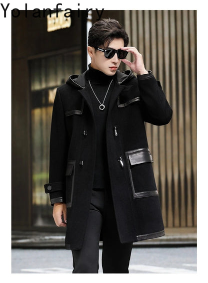 YOLANFAIRY Luxury Woolen Jackets for Man Autumn Winter Mid-length Pure Wool Patchwork Sheepskin Trench Coat Hooded Mens Jacket
