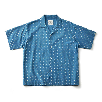 Vintage Indigo Print Shirt Men Summer New Blue Dyed Cuban Lapel Short Sleeve Single Breasted Shirt Cotton Casual Cardigan Tops