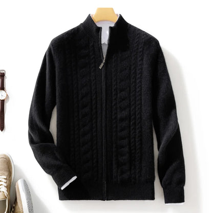 High Quality Men Mock Collar Twisted Cardigan Autumn Winter Thick Zipper 100% Merino Wool Sweater Casual Coat Cashmere Knitwear