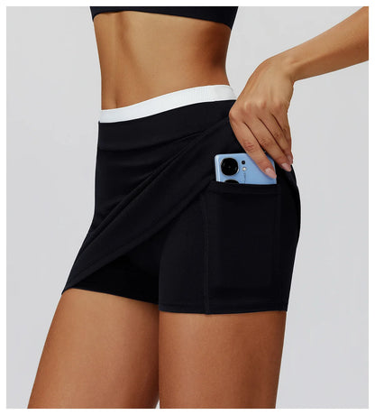 SWELTERING High Waist Pocket Skirt Fake Two Yoga Skirt Solid Color Sports Skirt Running Quick Drying Fitness Tennis Skirt