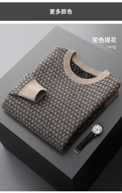 Men's Jacquard Striped 100% Pure Cashmere Pullover Sweater Autumn and Winter Thick base Sweater Casual Warm Clothing Men's Tops