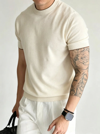 Light Luxury Cashmere Blend Anti Pilling Knitted Short Sleeved Round Neck T-shirt for Men, Retro Casual Business Summer Shirt