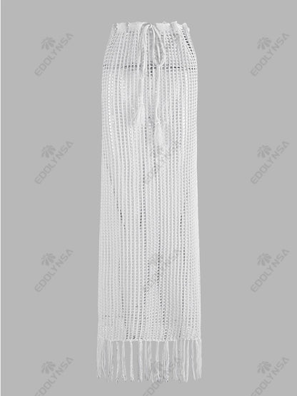 Sexy Summer Knit Cut Out Beach Half Skirt Women Chic Drawstring Fringed Casual Wrap Skirts 2026 Pool Party Swimwear Cover Up K50