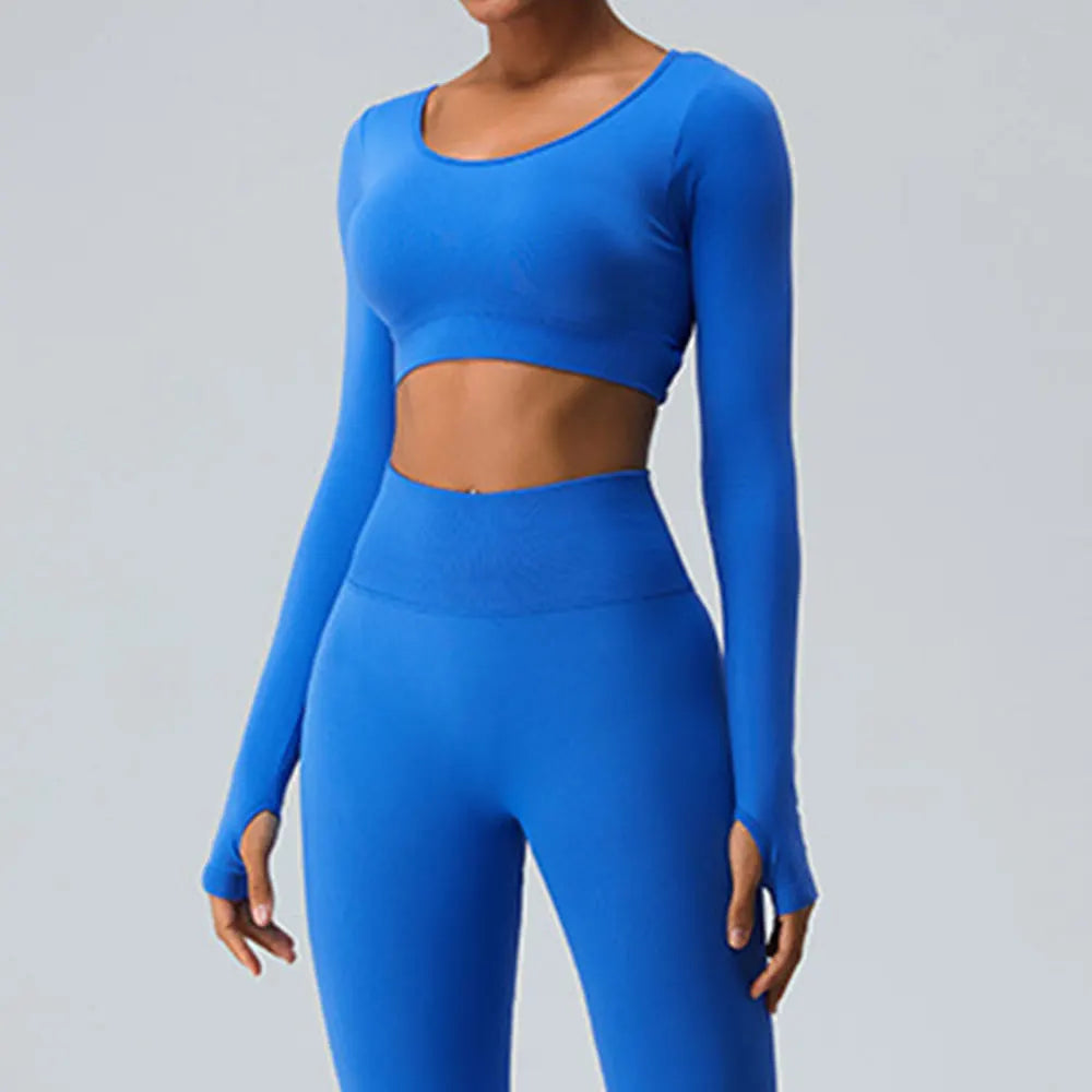 Sexy Women's Backless Shirt Seamless Crop Top Fitness Shirts Long Sleeve Gym Workout Sports Top Woman Front Yoga Tops Activewear