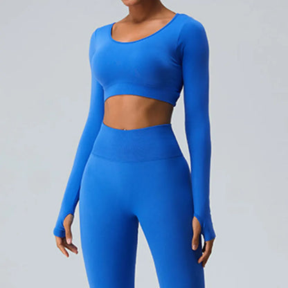 Sexy Women's Backless Shirt Seamless Crop Top Fitness Shirts Long Sleeve Gym Workout Sports Top Woman Front Yoga Tops Activewear