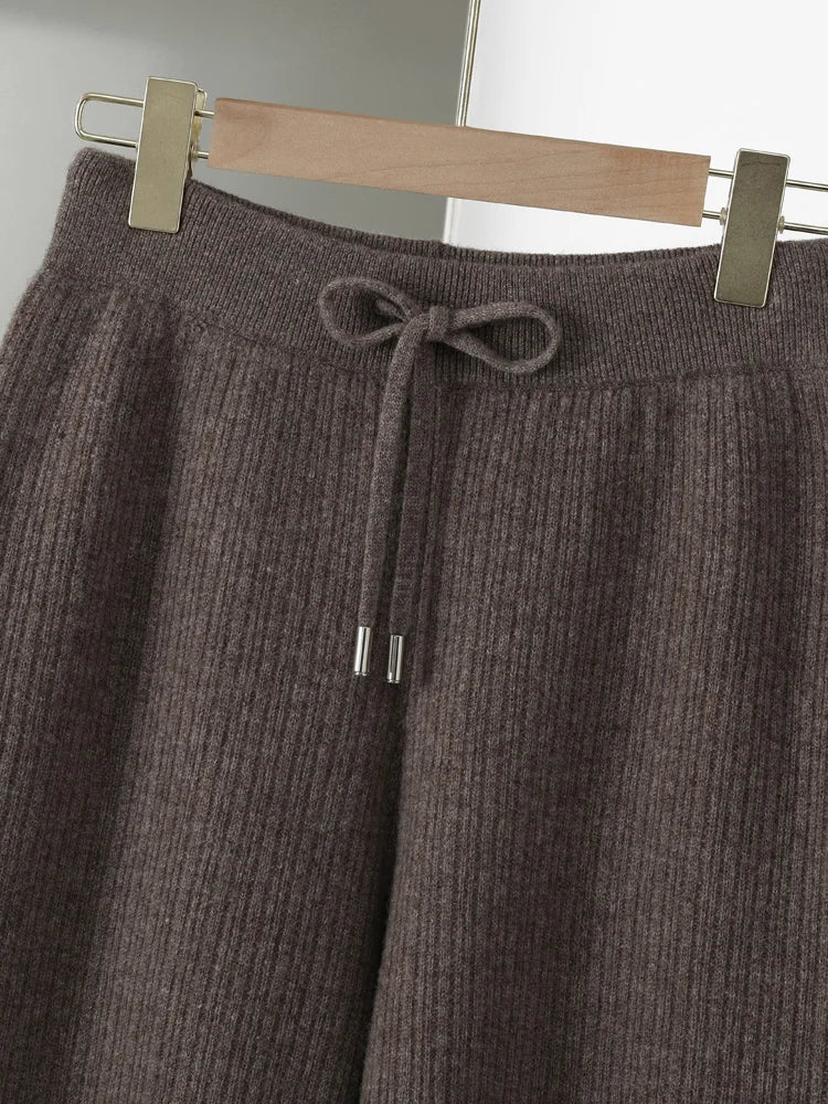 CHICUU Women Thick Wide Leg Pants 100% Merino Wool Knitted Trousers Autumn Winter Striped Jacquard Cashmere Pants Simple Style