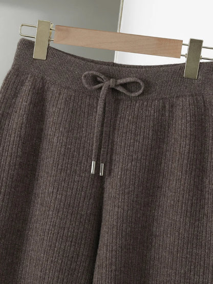 CHICUU Women Thick Wide Leg Pants 100% Merino Wool Knitted Trousers Autumn Winter Striped Jacquard Cashmere Pants Simple Style