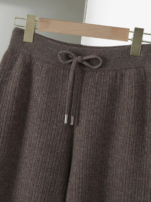 CHICUU Women Thick Wide Leg Pants 100% Merino Wool Knitted Trousers Autumn Winter Striped Jacquard Cashmere Pants Simple Style