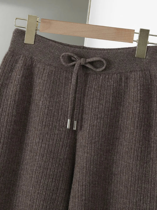 CHICUU Women Thick Wide Leg Pants 100% Merino Wool Knitted Trousers Autumn Winter Striped Jacquard Cashmere Pants Simple Style
