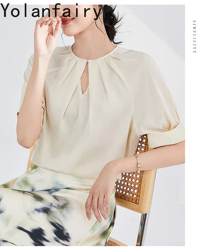 YOLANFAIRY 100% Real Mulberry Silk T Shirts for Women Summer 2026 Short Sleeve Tops O-neck Elegant Blouse Woman Tee Shirt Femme