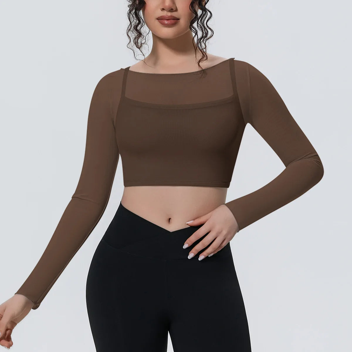 Hearuisavy Women's Mesh Long Sleeve Yoga Top With Padded Bra Fake Two Piece Gym Clothing Fitness Top Quick Dry Sports Crop Top