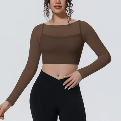 Hearuisavy Women's Mesh Long Sleeve Yoga Top With Padded Bra Fake Two Piece Gym Clothing Fitness Top Quick Dry Sports Crop Top