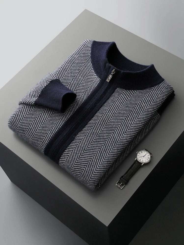 Autumn Winter 100% Merino Wool Knitted Zipper Cardigan Men's Half High Collar Herringbone Pattern Thick Coat Casual Warm Jacket