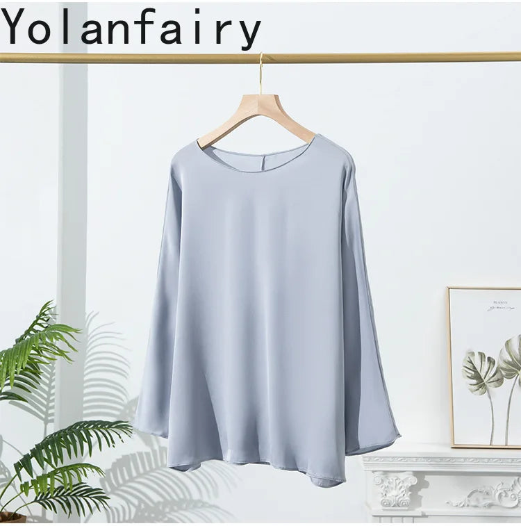 YOLANFAIRY 23MM 93% Real Mulberry Silk T Shirts for Women Summer O-neck Blouse Woman Elegant Shirt Loose OL Tops and Blouses