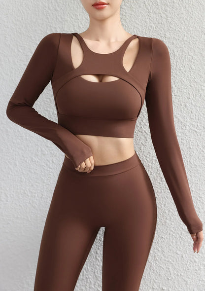 SOISOU Hollow Back Slim Fit Yoga Crop Top Women's Pilates Pullover Shockproof Sports Long Sleeve High Elastic Fitness T Shirt
