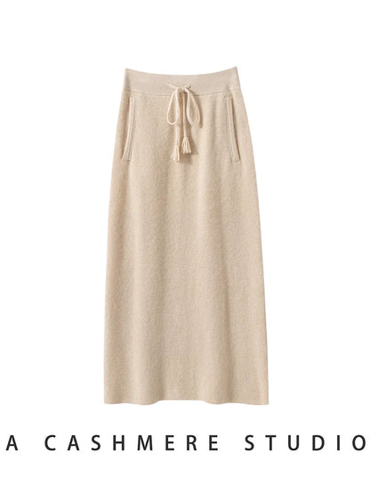CHICUU Women's 100% Cashmere Knitted Skirt A-line Skirt Autumn Winter Thick Warm Office Lady Grace Style Cashmere Knitwear Skirt