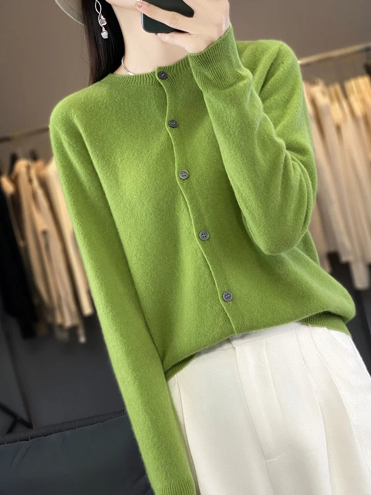 100% Merino Wool Sweater Women O-Neck Cardigan Basic Style  Buttoned Knitwear Female Casual Autumn Winter Soft Tops